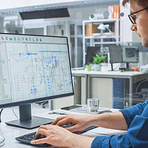 Over the Shoulder Shot of Engineer Working with CAD Software on Desktop Computer, Screen Shows Technical Drafts and Drawings. In the Background Engineering Facility Specialising on Industrial Design