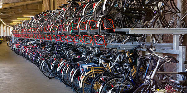 Vanishing perspective of a two-tier bicycle parking system.
