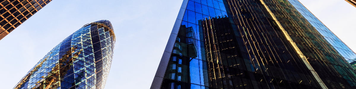 UK, London, low angle view of the Scalpel, Willis building, the Gherkin and Aviva tower