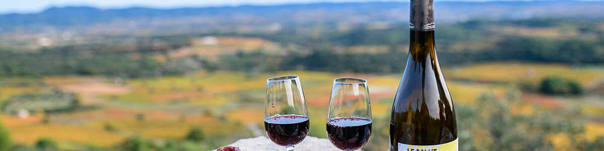 A bottle of red wine, two glasses and a salami are set on a stone wall for an aperitif overlooking the countryside.