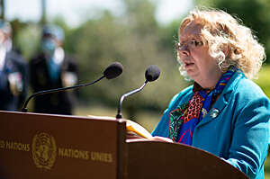 Tatiana Valovaya, Director-General of the United Nations Office at Geneva addresses during the  Commemoration of the International Day of United Nations Peacekeepers.