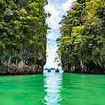 Seas and islands surround the sandy beach of Koh Hong in Krabi, Thailand.